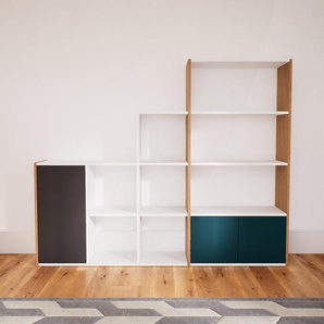 Bücherregal Graphitgrau - Modernes Regal für Bücher: Türen in Blaugrün - 192 x 156 x 34 cm, Individuell konfigurierbar