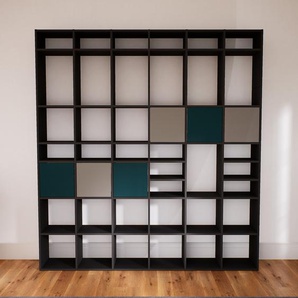 Bücherregal Graphitgrau - Modernes Regal für Bücher: Türen in Blaugrün - 233 x 252 x 34 cm, Individuell konfigurierbar