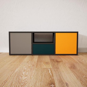 Lowboard Grau - TV-Board: Schubladen in Blaugrün & Türen in Grau - Hochwertige Materialien - 118 x 40 x 34 cm, Komplett anpassbar