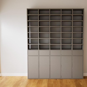 Bücherregal Grau - Modernes Regal für Bücher: Schubladen in Grau & Türen in Grau - 195 x 232 x 34 cm, konfigurierbar