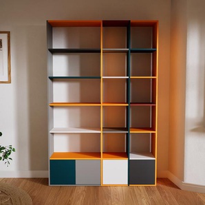 Bücherregal Grau - Modernes Regal für Bücher: Türen in Blaugrün - 154 x 232 x 34 cm, Individuell konfigurierbar