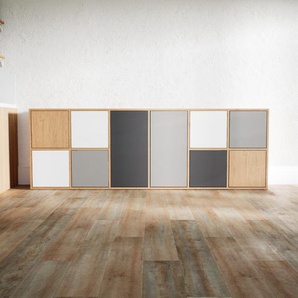 Sideboard Grau - Designer-Sideboard: Türen in Weiß - Hochwertige Materialien - 233 x 79 x 34 cm, Individuell konfigurierbar