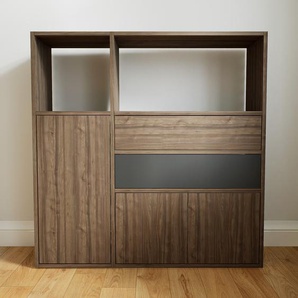 Kommode Nussbaum - Lowboard: Schubladen in Graphitgrau & Türen in Nussbaum - Hochwertige Materialien - 115 x 117 x 34 cm, konfigurierbar