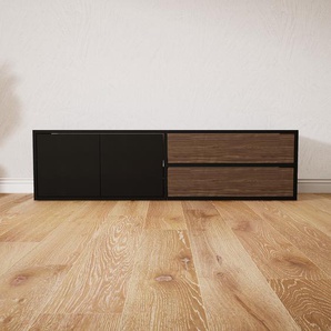 Lowboard Schwarz - TV-Board: Schubladen in Nussbaum & Türen in Schwarz - Hochwertige Materialien - 151 x 40 x 34 cm, Komplett anpassbar