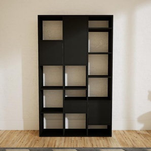 Bücherregal Schwarz - Modernes Regal für Bücher: Schubladen in Schwarz & Türen in Schwarz - 118 x 194 x 34 cm, konfigurierbar