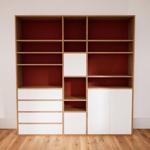 Bücherregal Terrakotta - Modernes Regal für Bücher: Schubladen in Weiß & Türen in Weiß - 190 x 194 x 34 cm, konfigurierbar