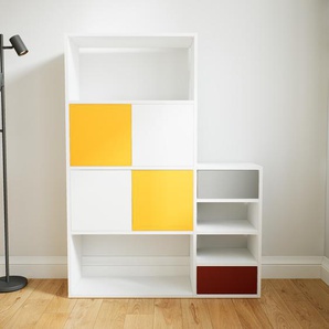 Bücherregal Weiß - Modernes Regal für Bücher: Schubladen in Terrakotta & Türen in Weiß - 115 x 156 x 34 cm, konfigurierbar