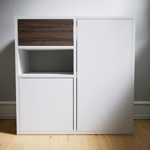 Kommode Weiß - Lowboard: Schubladen in Nussbaum & Türen in Weiß - Hochwertige Materialien - 79 x 79 x 34 cm, konfigurierbar