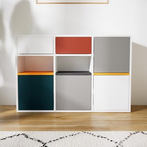 Kommode Weiß - Lowboard: Schubladen in Weiß & Türen in Grau - Hochwertige Materialien - 118 x 79 x 34 cm, konfigurierbar