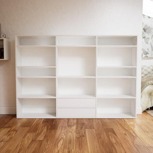 Bücherregal Weiß - Modernes Regal für Bücher: Schubladen in Weiß - 226 x 156 x 34 cm, Individuell konfigurierbar