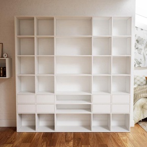 Bücherregal Weiß - Modernes Regal für Bücher: Schubladen in Weiß - 231 x 232 x 34 cm, Individuell konfigurierbar