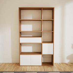 Bücherregal Weiß - Modernes Regal für Bücher: Schubladen in Weiß & Türen in Weiß - 115 x 194 x 34 cm, konfigurierbar