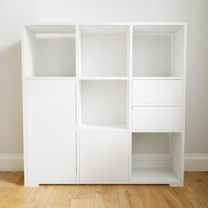 Bücherregal Weiß - Modernes Regal für Bücher: Schubladen in Weiß & Türen in Weiß - 118 x 119 x 34 cm, konfigurierbar