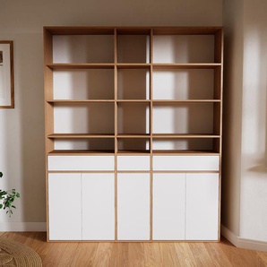 Bücherregal Weiß - Modernes Regal für Bücher: Schubladen in Weiß & Türen in Weiß - 190 x 232 x 34 cm, konfigurierbar