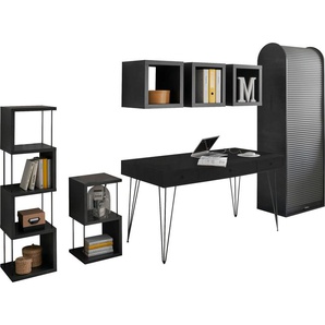 Büromöbel-Set MÄUSBACHER Big System Office Arbeitsmöbel-Sets schwarz (schwarzstahl, flamed wood black) Büromöbel-Sets