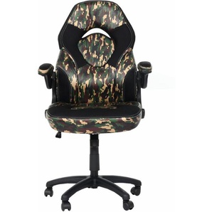 Bürostuhl HHG 585, Drehstuhl Gamingstuhl, ergonomisch, verstellbare Armlehne, Kunstleder camouflage-schwarz