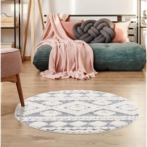 Carpet City Hochflor-Teppich Focus 3005, rund, Höhe: 20 mm, Boho-Teppich, Rauten-Design, besonders weich, 3D-Effekt