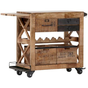 Carryhome Barwagen, Braun, Schwarz, Holz, Metall, Mangoholz, massiv, 3 Schubladen, 97x85x43 cm, Flaschenfach, ausziehbar, Esszimmer, Barmöbel, Barwagen