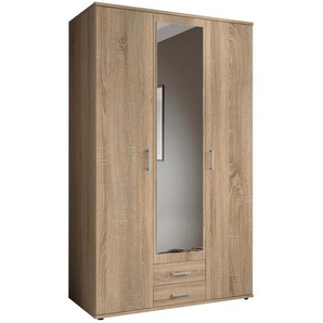 Carryhome Drehtürenschrank, Sonoma Eiche, Kunststoff, 4 Fächer, 2 Schubladen, 120x196x53.5 cm, Blauer Engel, BQ - Bündnis für Qualität, Made in Germany, in verschiedenen Holzdekoren erhältlich, Schrankfront mit Spiegel, Schlafzimmer, Kleiderschränke, 3-