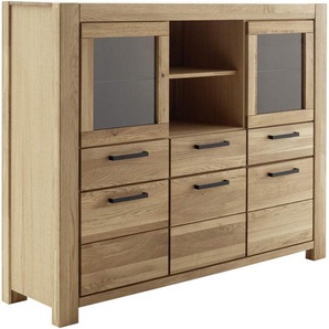 Carryhome Highboard, Wildeiche, Metall, Wildeiche, massiv, 6 Fächer, 3 Schubladen, 172x140x45 cm, Typenauswahl, Beimöbel erhältlich, stehend, Wohnzimmer, Kommoden & Sideboards, Highboards