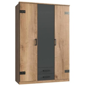 Carryhome Kleiderschrank, Graphit, Plankeneiche, Kunststoff, 4 Fächer, 2 Schubladen, 135x199x58 cm, Made in Germany, Beimöbel erhältlich, in verschiedenen Größen erhältlich, Schlafzimmer, Kleiderschränke, Drehtürenschränke