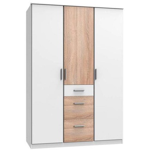 Carryhome Kleiderschrank, Weiß, Eiche, Holzwerkstoff, 5 Fächer, 3 Schubladen, 135x199x58 cm, Made in Germany, Typenauswahl, Beimöbel erhältlich, umfangreiches Zubehör in verschiedenen Größen Holzdekoren erhältlich, Schlafzimmer, Kleiderschränke, 3- türige