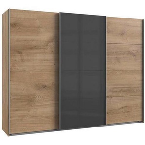 Carryhome Schwebetürenschrank, Dunkelgrau, Plankeneiche, Holzwerkstoff, 3 Fächer, 270x210x65 cm, BQ - Bündnis für Qualität, Made in Germany, DIN EN ISO 9001, Typenauswahl, Beimöbel erhältlich, umfangreiches Zubehör erhältlich, Schlafzimmer,