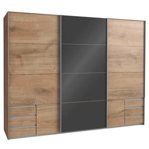 Carryhome Schwebetürenschrank, Dunkelgrau, Plankeneiche, Metall, 3 Fächer, 6 Schubladen, 270x210x65 cm, Made in Germany, Schlafzimmer, Kleiderschränke, Schwebetürenschränke