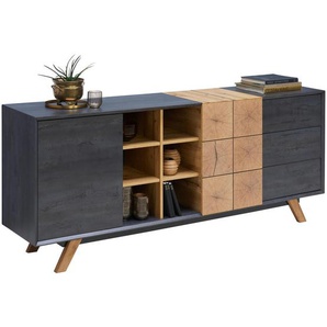 Carryhome Sideboard, Eiche, Dunkelgrau, Holzwerkstoff, Eiche, massiv, 3 Fächer, 3 Schubladen, 180x75x40 cm, Beimöbel erhältlich, Schlafzimmer, Schlafzimmer Kommoden