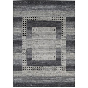 Cazaris Wollteppich, Grau, Silber, Textil, Bordüre, rechteckig, 70x140 cm, Care & Fair, AZO-frei, Handmade in India, für Fußbodenheizung geeignet, in verschiedenen Größen erhältlich, Teppiche & Böden, Teppiche, Orientteppiche