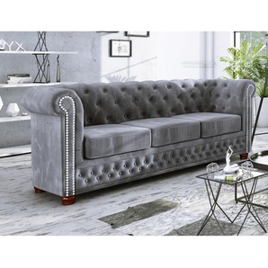 Chesterfield Anzla Sofa 3-Sitzer aus Samt-Stoff mit Holzfüßen