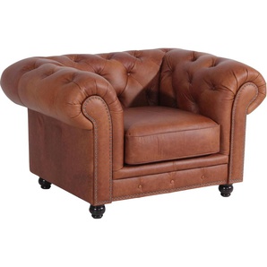 Chesterfield-Sessel MAX WINZER Old England, Loungesessel Sessel Gr. NaturLEDER, B/H/T: 131 cm x 76 cm x 96 cm, braun (cognac) Chesterfield Sessel Ledersessel mit Knopfheftung & Ziernägeln