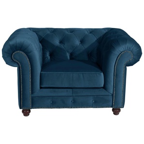 Chesterfield-Sessel MAX WINZER Old England, Loungesessel Sessel Gr. Samtvelours 20442, B/H/T: 131 cm x 76 cm x 96 cm, blau (petrol) Chesterfield Sessel mit edler Knopfheftung