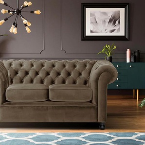 Chesterfield-Sofa HOME AFFAIRE Chesterfield Home 2-Sitzer Sofas Gr. B/H/T: 152cm x 75cm x 90cm, Luxus-Microfaser, Frei im Raum stellbar, grau (taupe) mit edler Knopfheftung und typischen Armlehnen