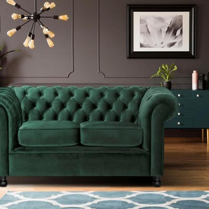 Chesterfield-Sofa HOME AFFAIRE Chesterfield Home 2-Sitzer Sofas Gr. B/H/T: 152cm x 75cm x 90cm, Samtvelours, Frei im Raum stellbar, grün (dunkelgrün) mit edler Knopfheftung und typischen Armlehnen