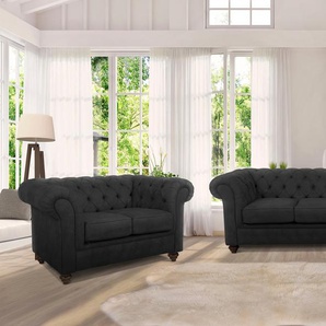 Chesterfield-Sofa HOME AFFAIRE Duc 3-Sitzer Sofas Gr. B/H/T: 198cm x 74cm x 89cm, Samtoptik, grau (anthrazit) hochwertige Knopfheftung im Rücken, Samtoptik mit changierender Optik