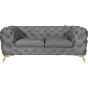 Chesterfield-Sofa LEONIQUE Glynis Sofas Gr. B/H/T: 185cm x 75cm x 99cm, Samtoptik, Fußfarbe goldfarben, grau (hellgrau) aufwändige Knopfheftung, moderne Chesterfield Optik, Fußfarbe wählbar