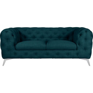 Chesterfield-Sofa LEONIQUE Glynis Sofas Gr. B/H/T: 185cm x 75cm x 99cm, Struktur, Fußfarbe chromfarben, blau (petrol) aufwändige Knopfheftung, moderne Chesterfield Optik, Fußfarbe wählbar