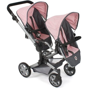 CHIC2000 Puppen-Zwillingsbuggy Linus Duo, Grau-Rosa, mit zwei abnehmbaren, bis in Liegeposition verstellbaren Sportsitzen