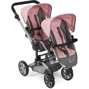 CHIC2000 Puppen-Zwillingsbuggy Linus Duo, Grau-Rosa, mit zwei abnehmbaren, bis in Liegeposition verstellbaren Sportsitzen