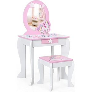 Kinder Schminktisch mit Hocker, Prinzessin Frisiertisch mit Schublade und Abnehmbarer Spiegel, Frisierkommode rosa, Schminkkommode für Maedchen von