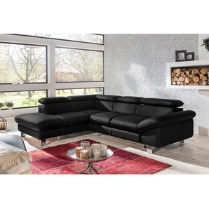 Ecksofa II Echtleder Schwarz/Schwarz Echtleder 266 x 91 x 214cm Longchair davorstehend links mit Schlaffunktion Modern