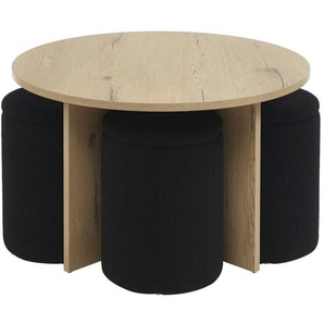 Couchtisch aus mdf + 4 Hocker aus Bouclé-Stoff - Holzfarben & Schwarz - aksay