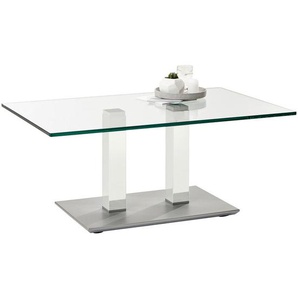 Couchtisch, Weiß, Edelstahl, Metall, Glas, rechteckig, eckig, Säule, Bodenplatte, 70x46-65x110 cm, höhenverstellbar, Wohnzimmer, Wohnzimmertische, Couchtische, Glas-Couchtische