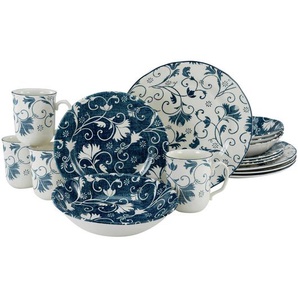 Creatable Kombiservice Damask, Blau, Weiß, Keramik, 16-teilig, Floral, 340 ml,400 ml, 26.5x40x43.5 cm, Essen & Trinken, Geschirr, Geschirr-Sets, Kombiservice