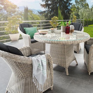 Destiny Garten-Essgruppe MALAGA LUNA, (Set, 5-tlg., 1 Tisch Ø, 4 Sessel), (Set, 13-tlg., 4x Sessel, 1 Tisch Ø 100x75 cm) Aluminium, Polyrattan