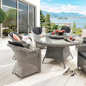 Destiny Garten-Essgruppe MALAGA LUNA, (Set, 7-tlg., 1 Tisch, 6 Sessel, 1x Drehteller), (Set,19-tlg., 6xSessel, 1 Tisch Ø 150x75 cm), Aluminium, Polyrattan