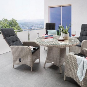 Destiny Garten-Essgruppe PALMA LUNA, (Set, 5-tlg., 1 Tisch Ø, 4 Hochlehner, verstellbar), (Set, 9-tlg., 4 Hochlehner, 1 Tisch Ø 100x75cm) Aluminium, Polyrattan