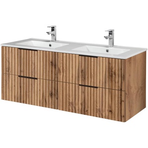 Doppelwaschtisch WELLTIME Trento, verschiedene Ausführungen und Farben Waschtische Gr. Doppelwaschbecken Standard, braun (mdf wotaneiche rillenfront + wotaneiche) Badmöbel in Breite 120 cm, 2 Doppel-Waschbecken zur Auswahl