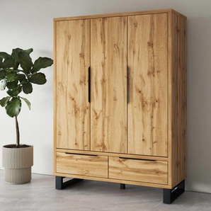 Drehtürenschrank HOME AFFAIRE Bronne,Breite 145 cm, Wäscheschrank inclusive Innenausstattung Schränke Gr. B/H/T: 145 cm x 210 cm x 60 cm, 3 St., Komplettausführung, braun (wotan eiche) Kleiderschrank, 2 Schubkästen, Metallgriffe, Garderobe